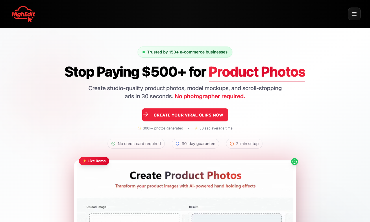 HighEdit website screenshot, starting at the top of the page